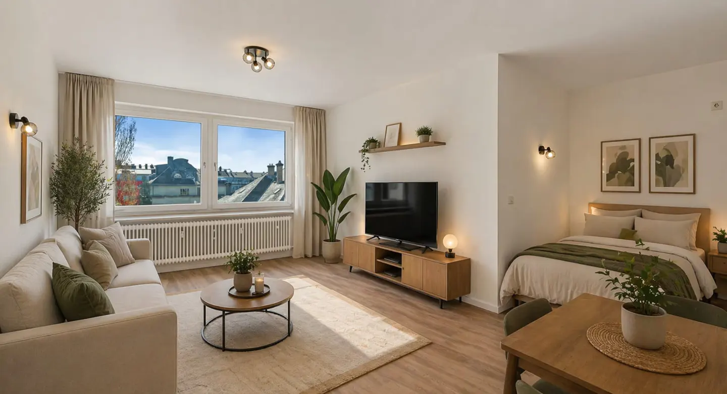 Bright studio apartment with a sofa, TV, bed, and dining table. Large window with city view. Neutral colors and wood accents.