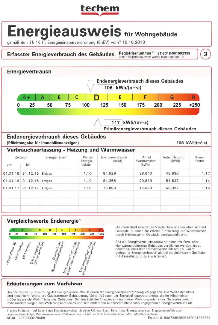 Energy performance certificate for a residential building, dated 16.10.2013. Energy consumption is rated D, 106 kWh/(m²-a).