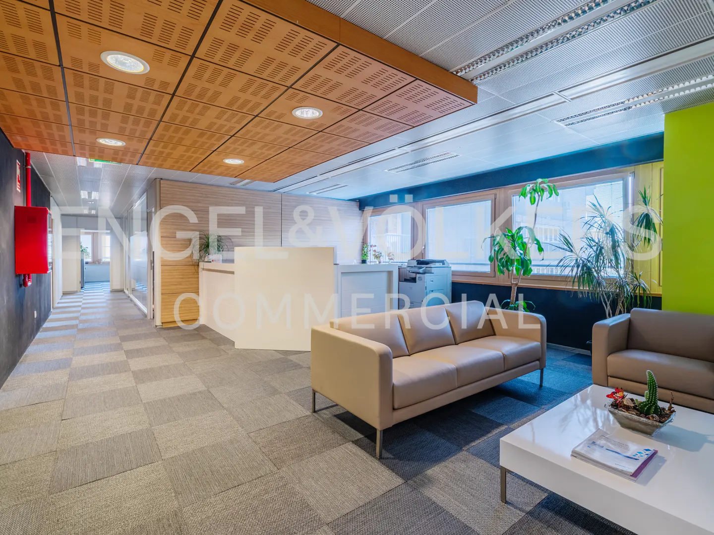 Office lobby with beige sofas, a white coffee table, and a reception desk. The ceiling is brown and white. There are plants by the window.