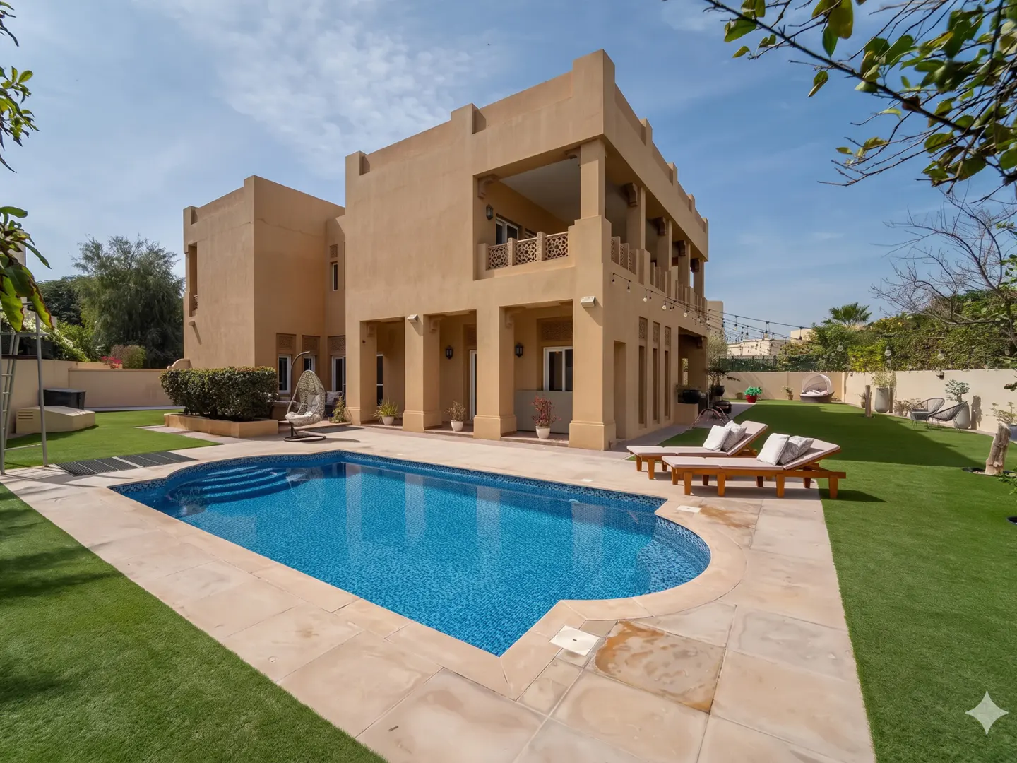 Two-story tan villa with a blue swimming pool, lounge chairs, and a green lawn under a clear blue sky.