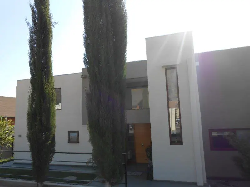 Modern two-story home with gray and white exterior. Two tall, thin trees frame the left side of the house. Sunlight shines on the right.