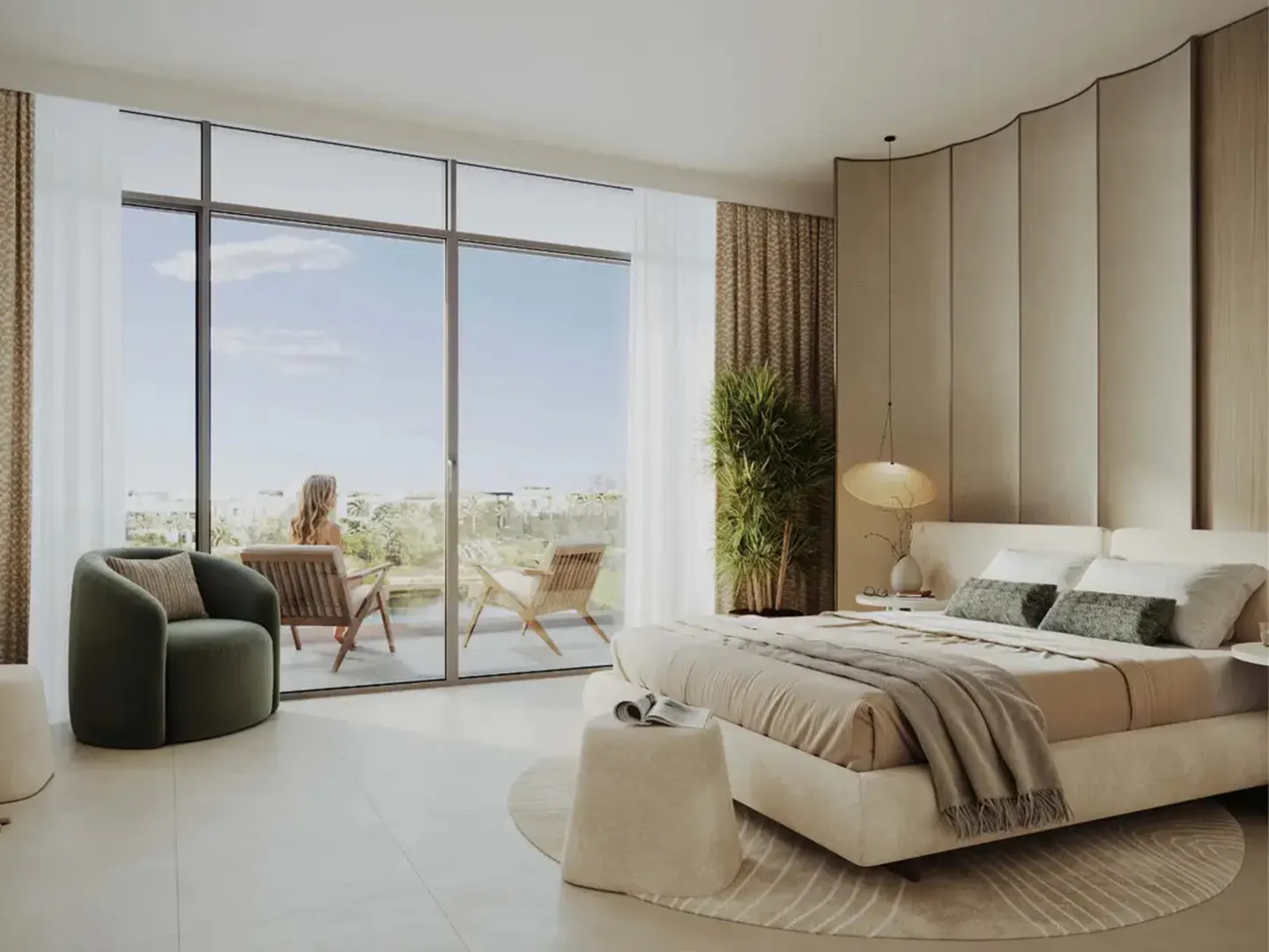 A bright bedroom with a large window. A woman sits on the balcony. The room has a bed, chair, and neutral tones.