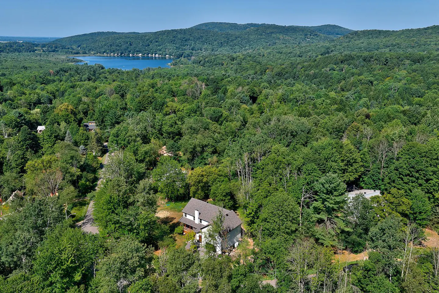 Aerial view of a house surrounded by lush green trees, with a lake and mountains in the background.