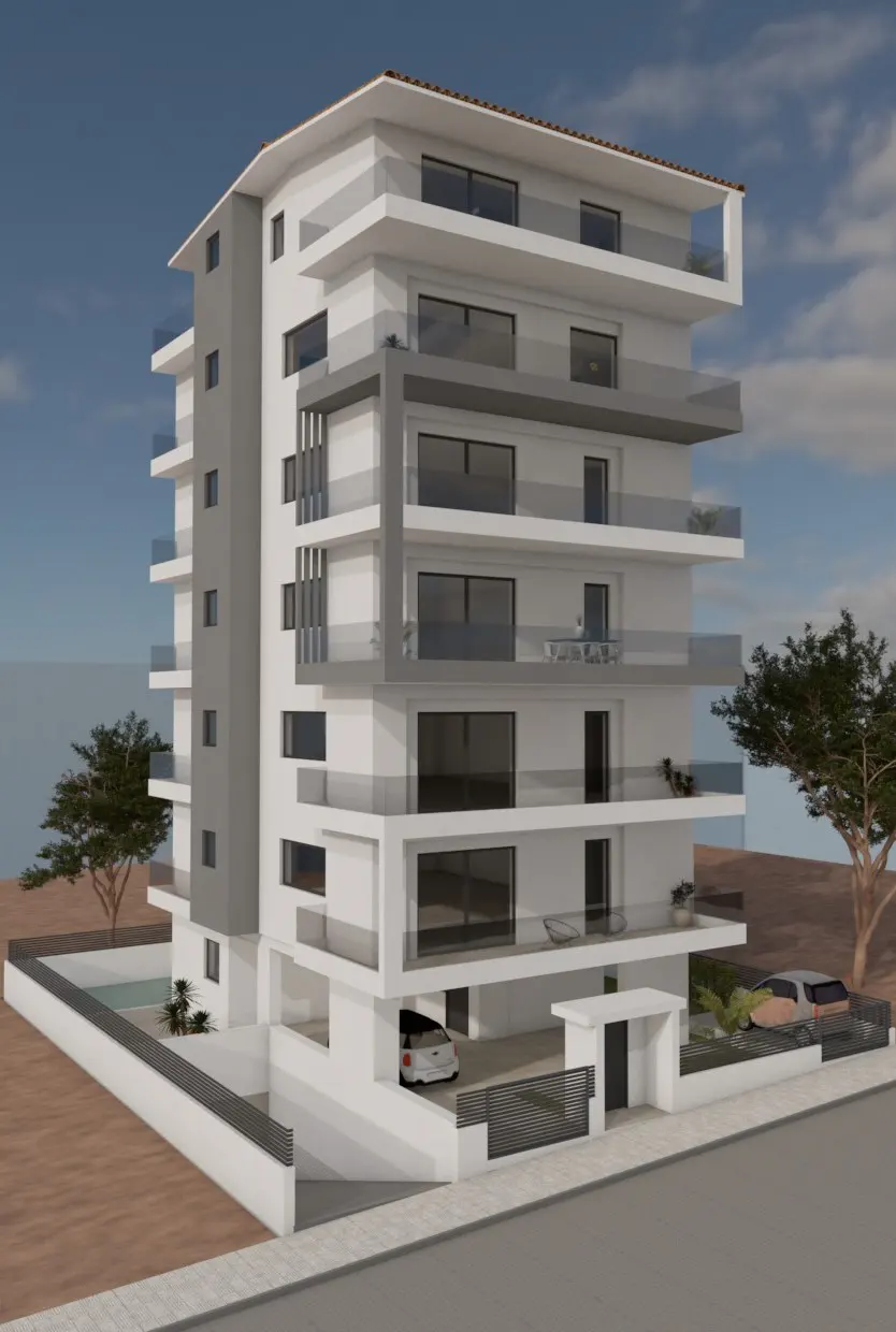 Modern six-story white apartment building with gray accents and glass balconies.