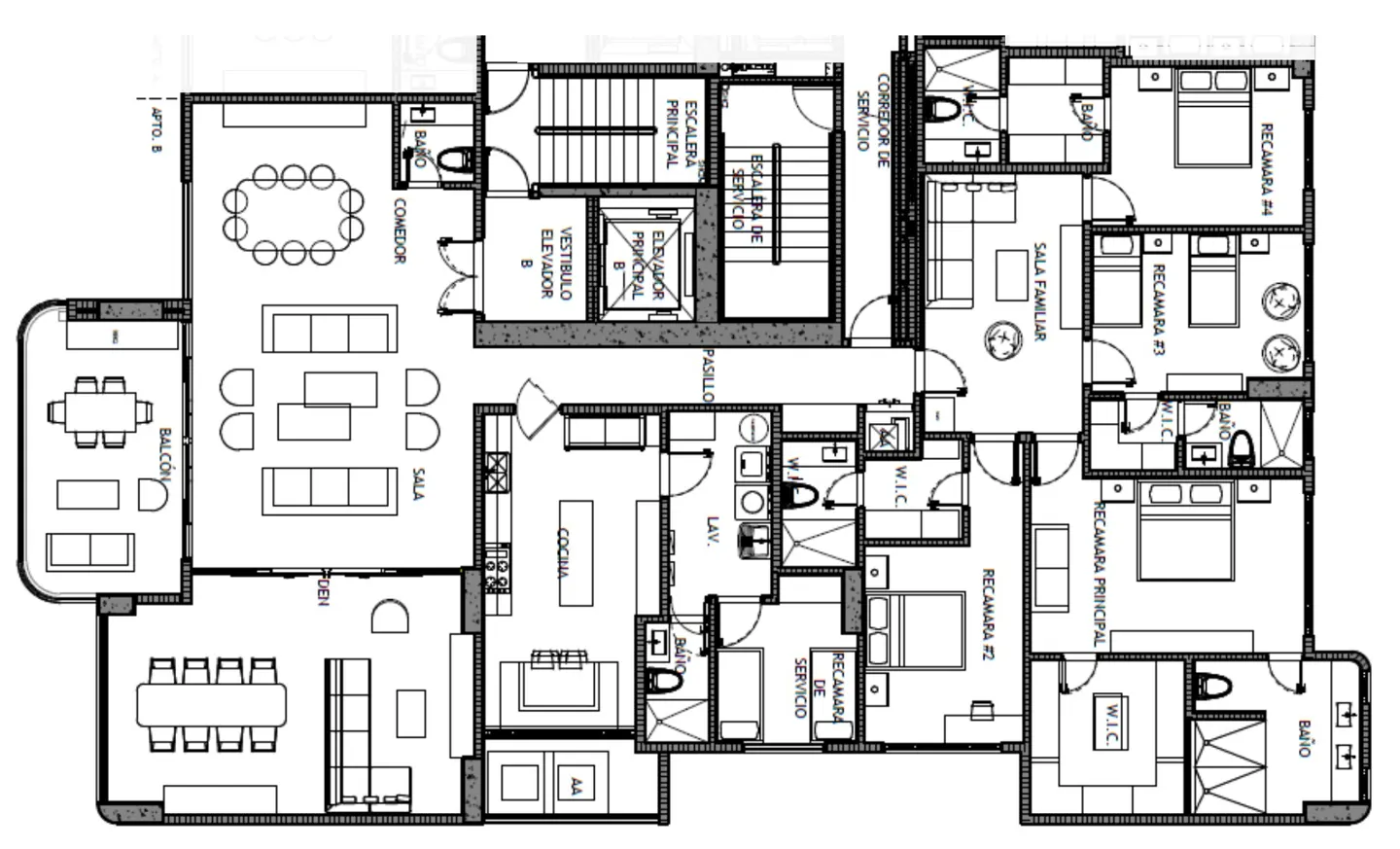 Black and white floor plan of a multi-unit apartment building. The layout includes bedrooms, bathrooms, living areas, kitchen, and balcony.