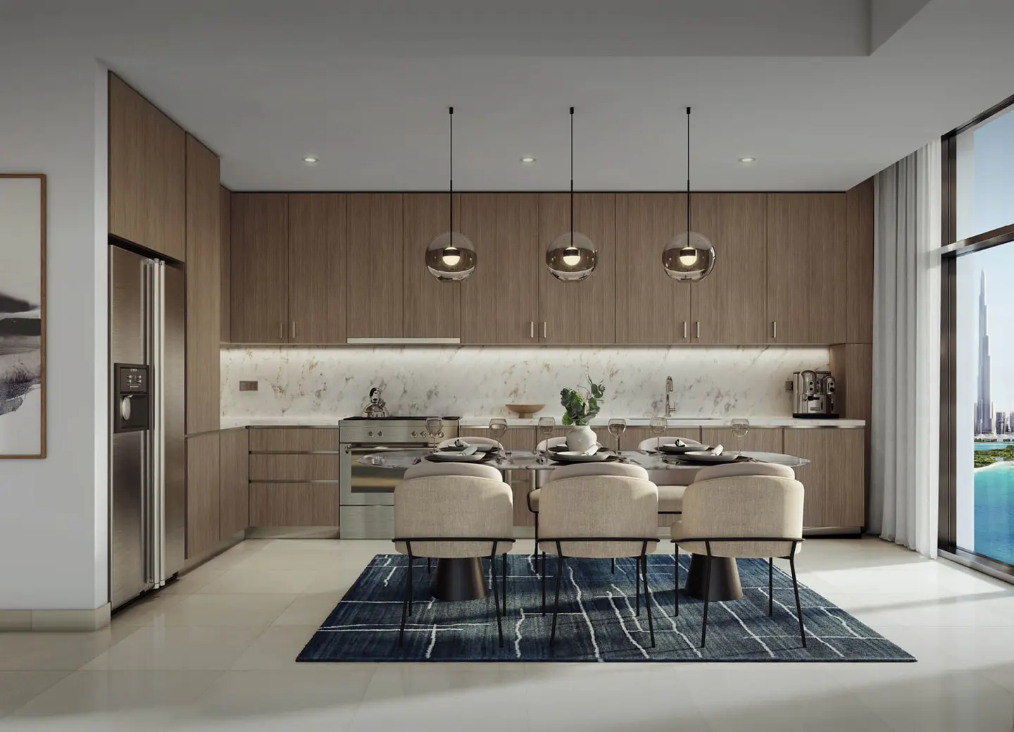 Modern kitchen with wood cabinets, marble backsplash, and dining table with beige chairs on a blue rug. Dubai skyline visible through the window.