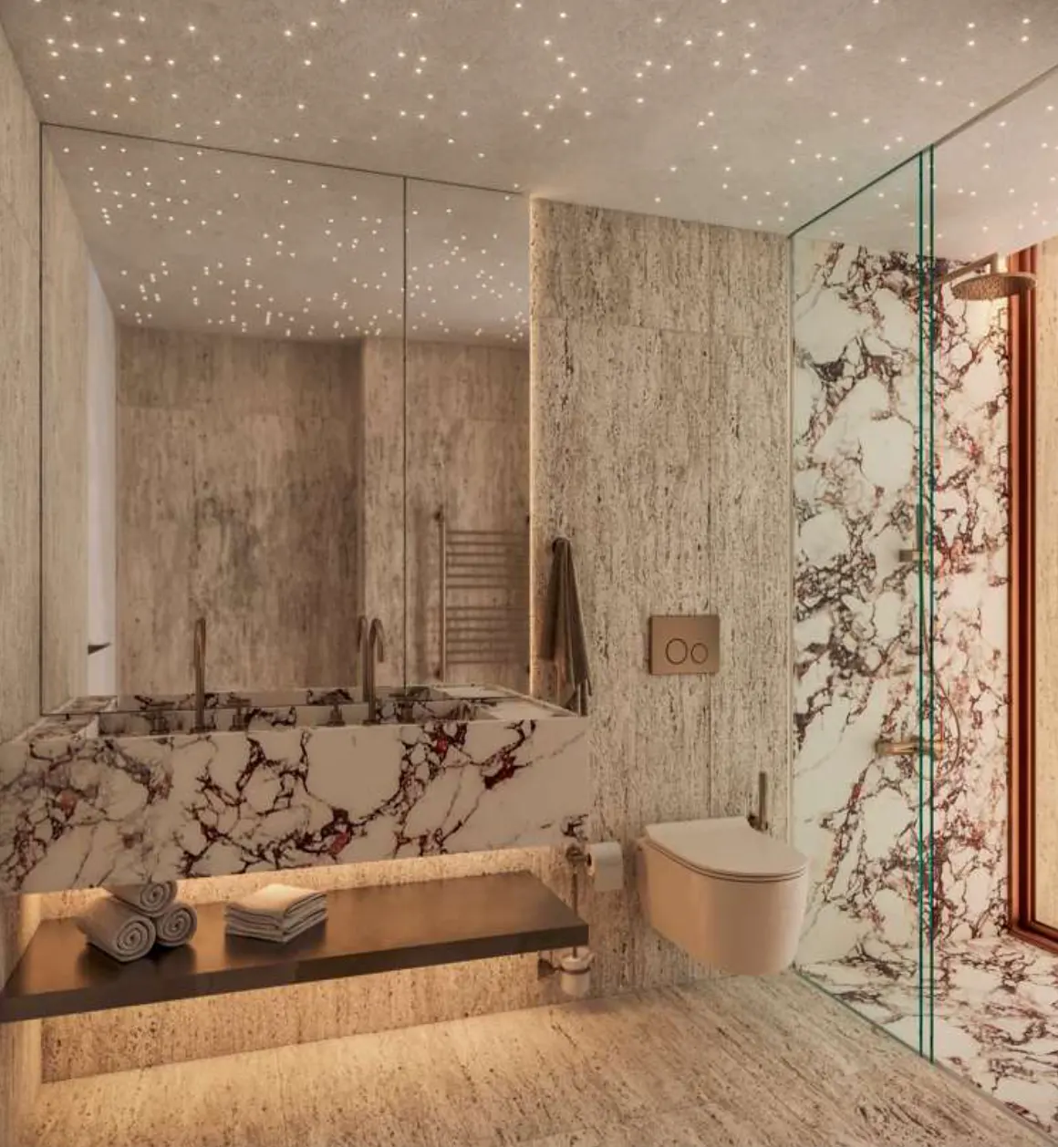 A modern bathroom with marble sink, toilet, and shower. The ceiling has star-like lights.