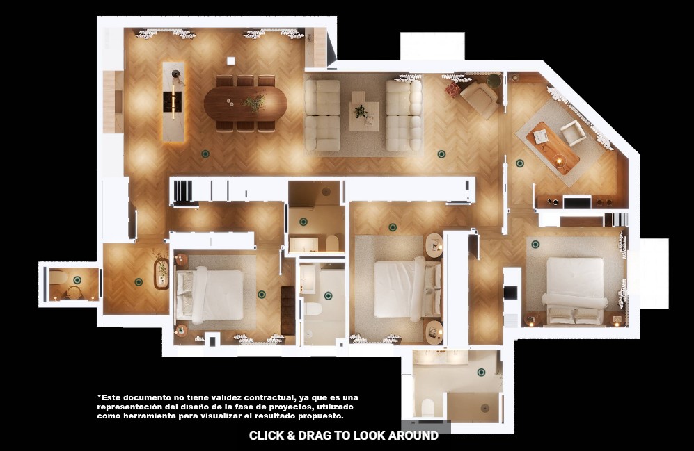 Floor plan of a three-bedroom apartment with a kitchen, dining area, and two living rooms. The floors are wooden.
