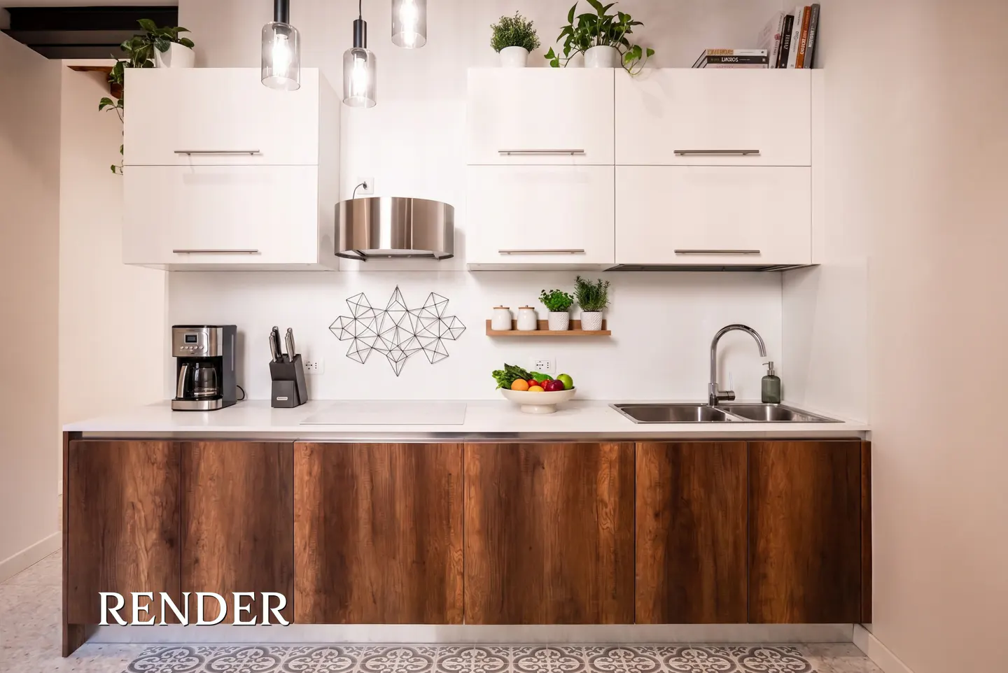 A modern kitchen with white cabinets, wood-grain lower cabinets, stainless steel appliances, and patterned tile flooring.
