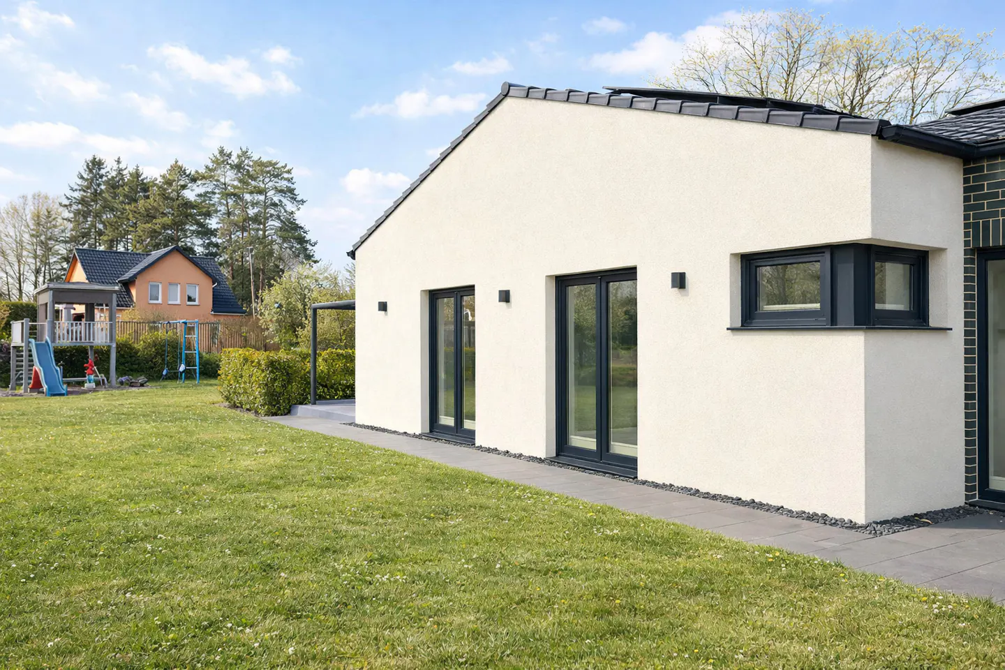 Exterior of a modern, one-story home with white stucco walls, dark trim, and a green lawn. A playground is visible in the background.