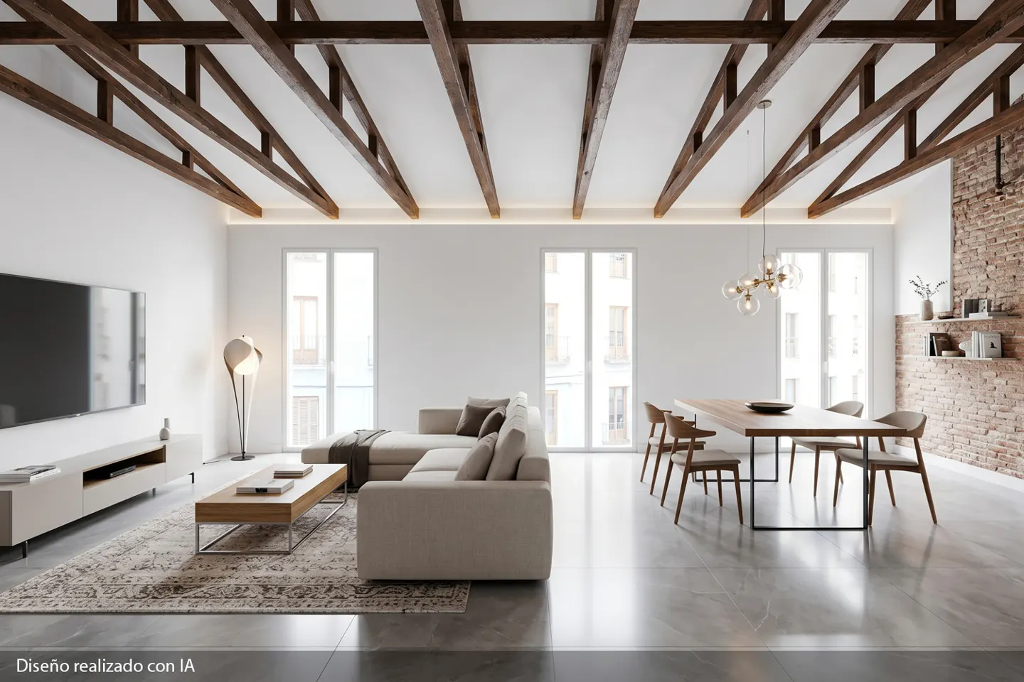 Bright, open living space with exposed wood beams, white walls, and large windows. Beige sectional sofa, dining table, and TV area.
