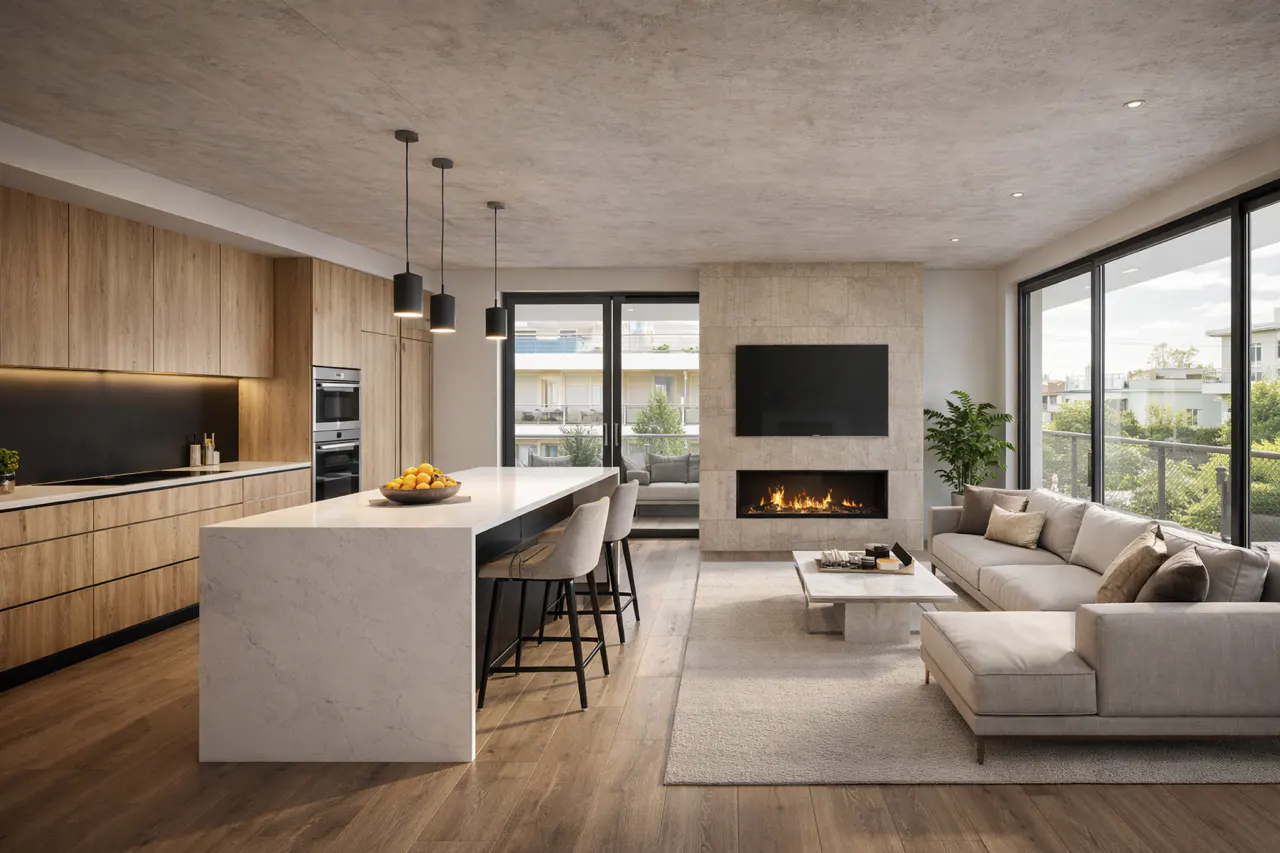 Open-concept living space with wood floors, a kitchen island, and a fireplace under a TV. Large windows offer a view of greenery.