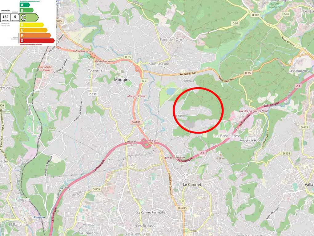 Map view of Mougins, France, with a red circle highlighting a forested area. Energy efficiency ratings are displayed in the upper left corner.