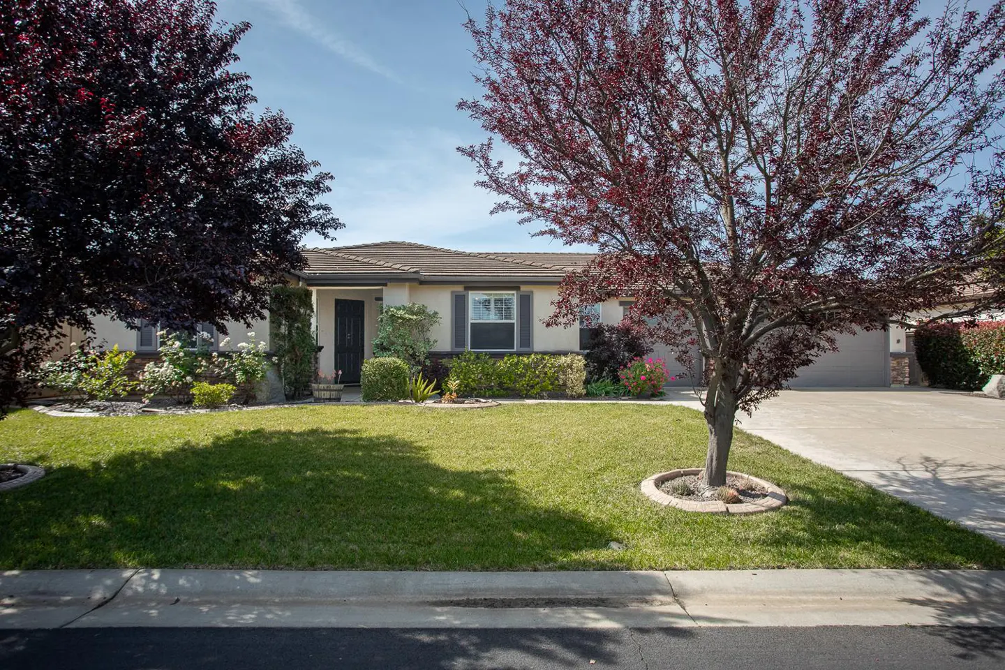 A single-story house with a green lawn and trees with red leaves.