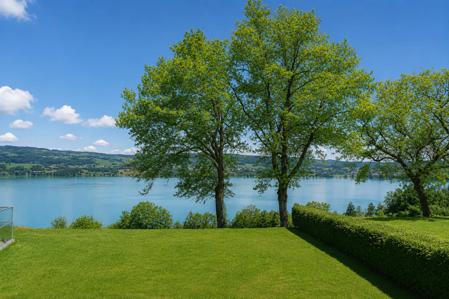 Lush green lawn with trees overlooking a blue lake under a bright blue sky with scattered clouds.