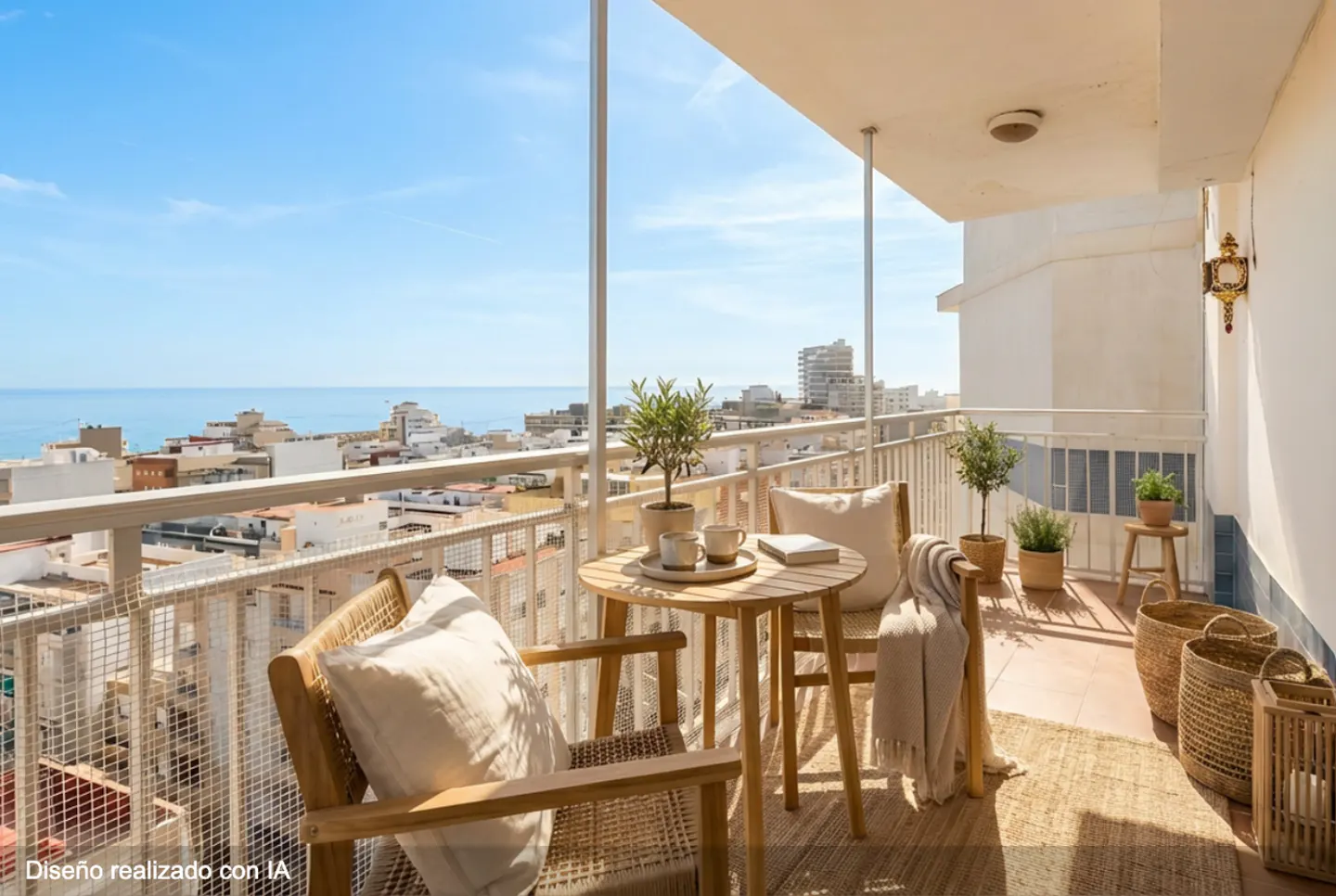 Balcony with wicker chairs, a round table with cups, and a view of the city and ocean under a blue sky.