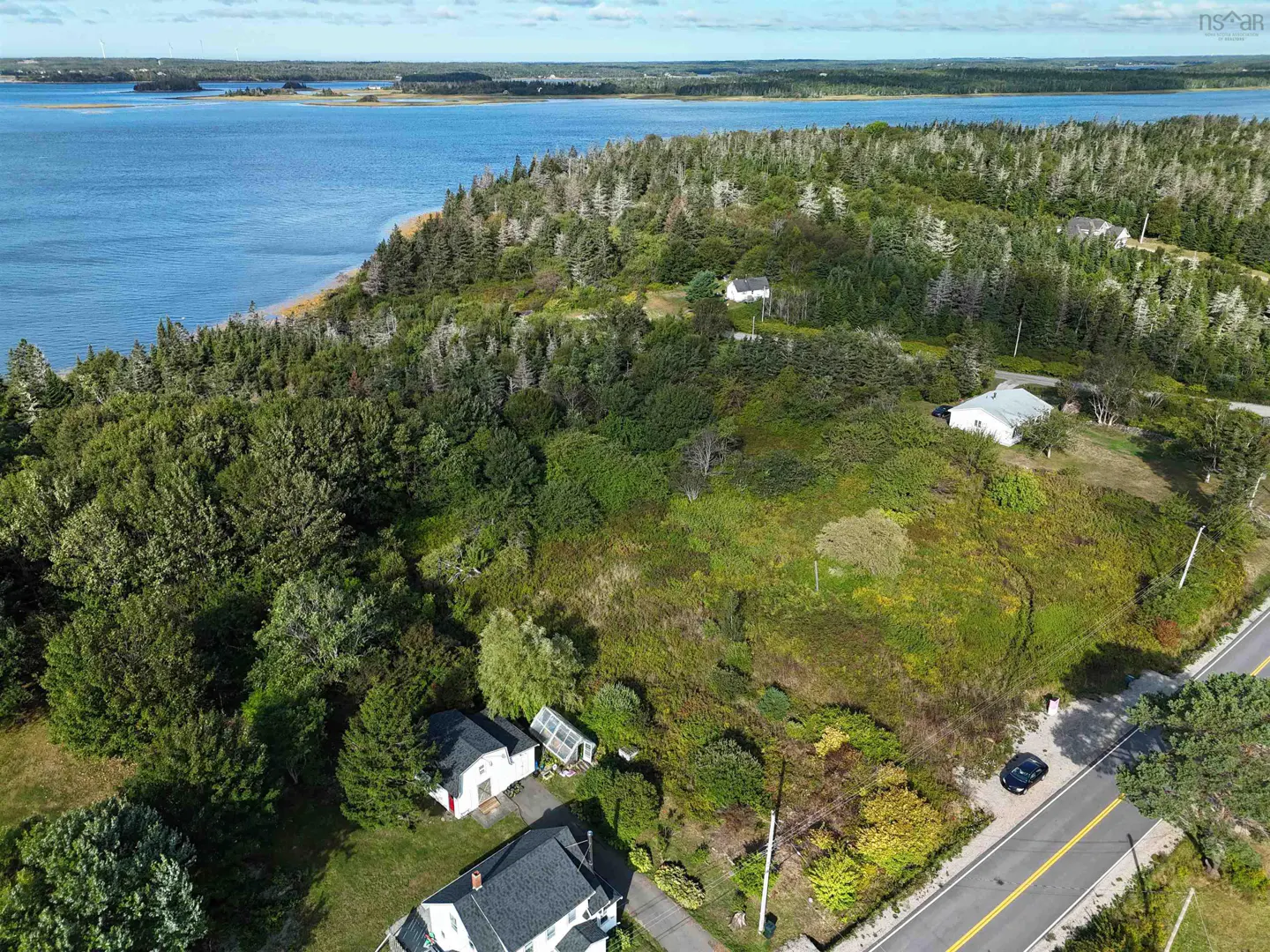 Aerial view of a coastal property with houses, dense forest, and a road bordering a large, grassy lot near the water.