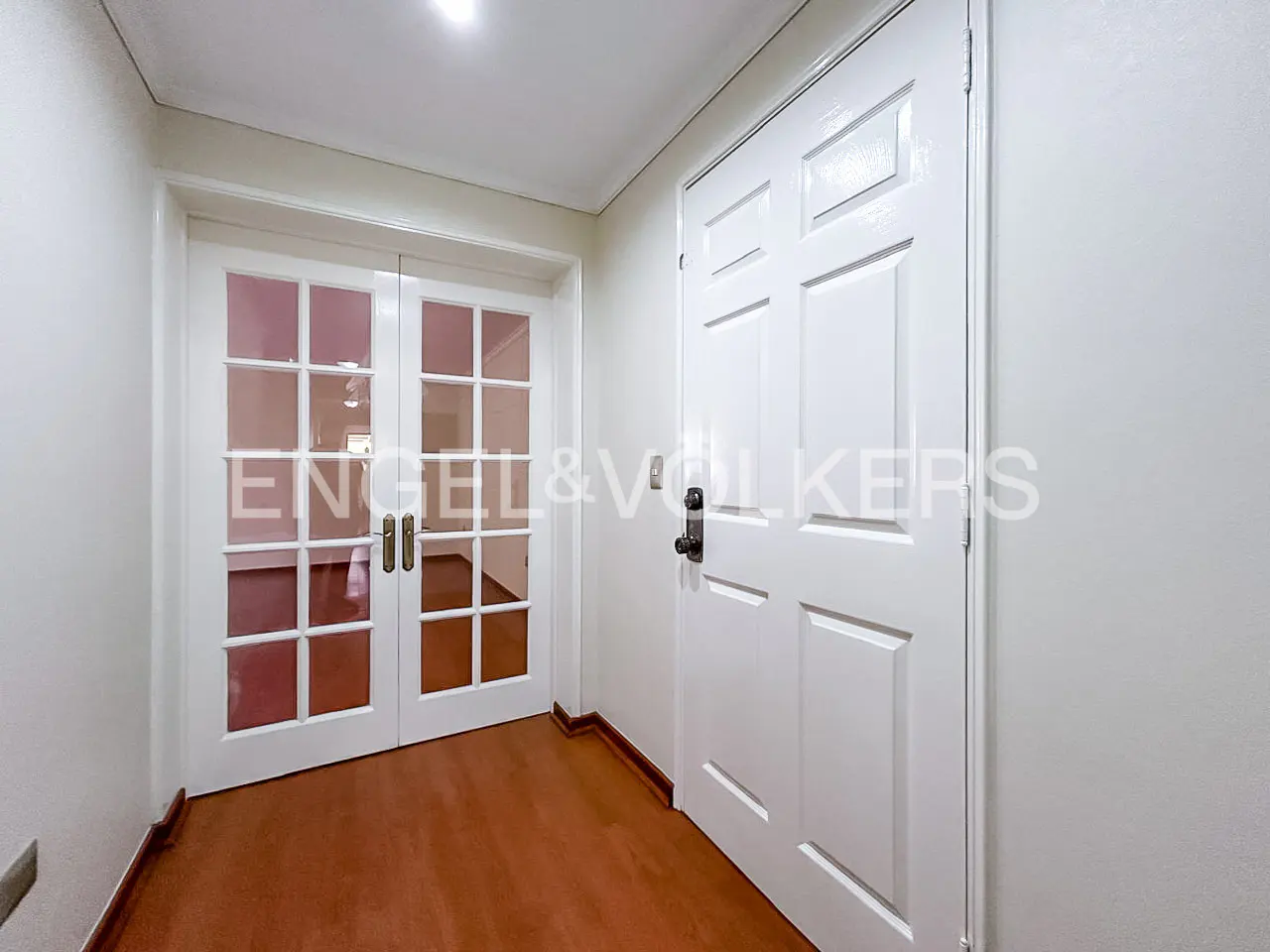Interior view of a hallway with wood floors, white walls, a white paneled door, and glass French doors.