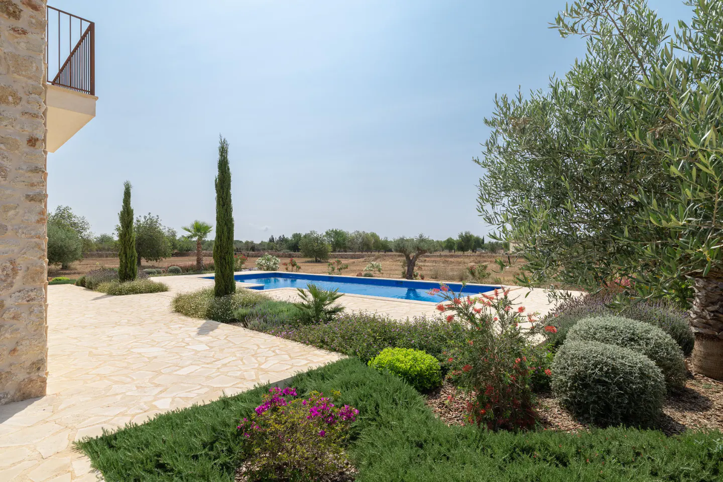 A sunny backyard features a blue pool, stone patio, and lush green landscaping. Tall cypress trees and olive trees add to the Mediterranean feel.