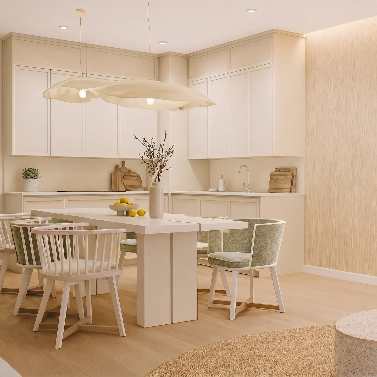 Beige kitchen with white cabinets, a large white table, and wooden chairs with green cushions. A modern light fixture hangs above the table.