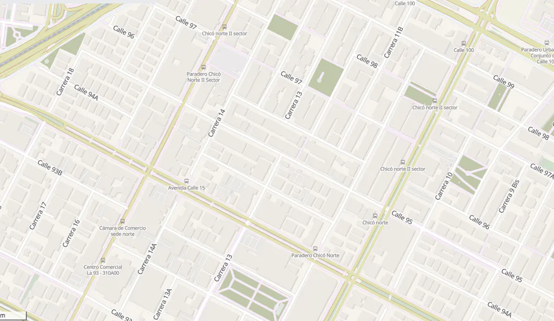 Map of Chico Norte, Bogotá, Colombia, showing streets, buildings, and green spaces.