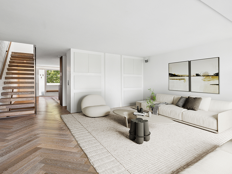 Bright living room with wood floors, white walls, and a staircase. A white sofa, chair, and rug create a cozy space with modern art on the wall.