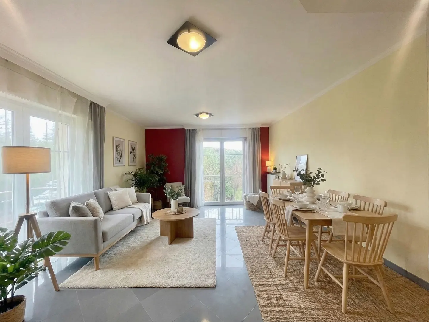 Bright, open-concept living and dining area with gray sofa, wood table, and large windows. Red accent wall adds a pop of color.