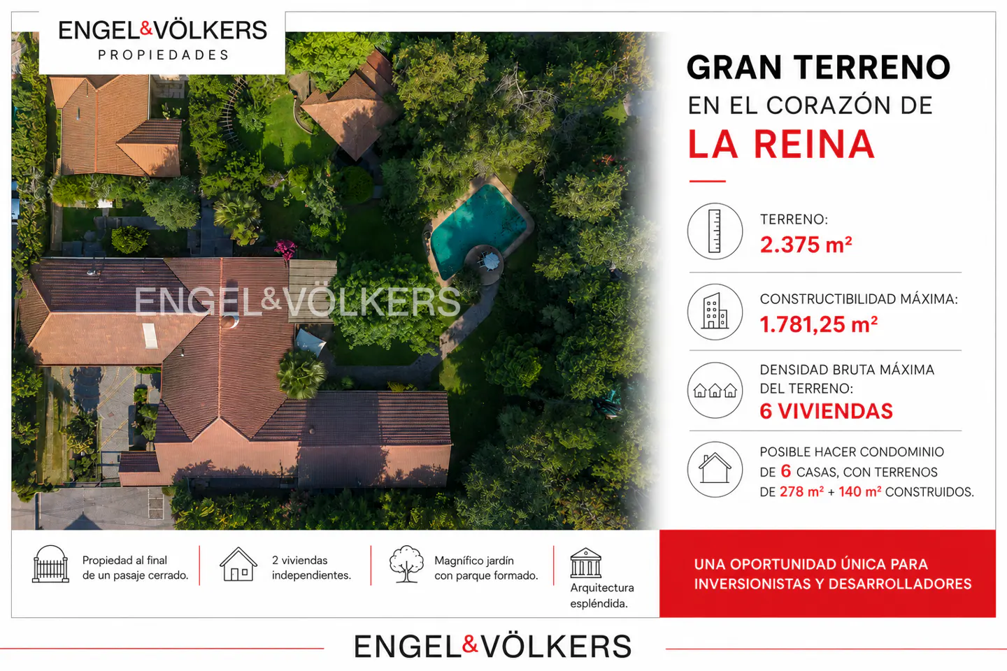 Aerial view of a large property with a pool, lush greenery, and houses with red roofs. Text highlights property details.