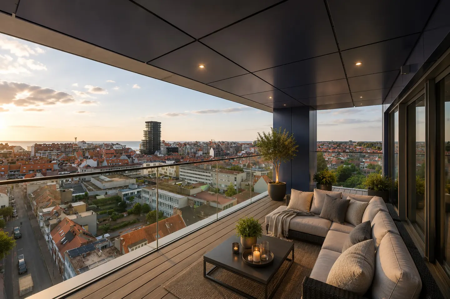 Balcony with a wicker sofa, table, and plants overlooking a city with red roofs and the ocean at sunset.