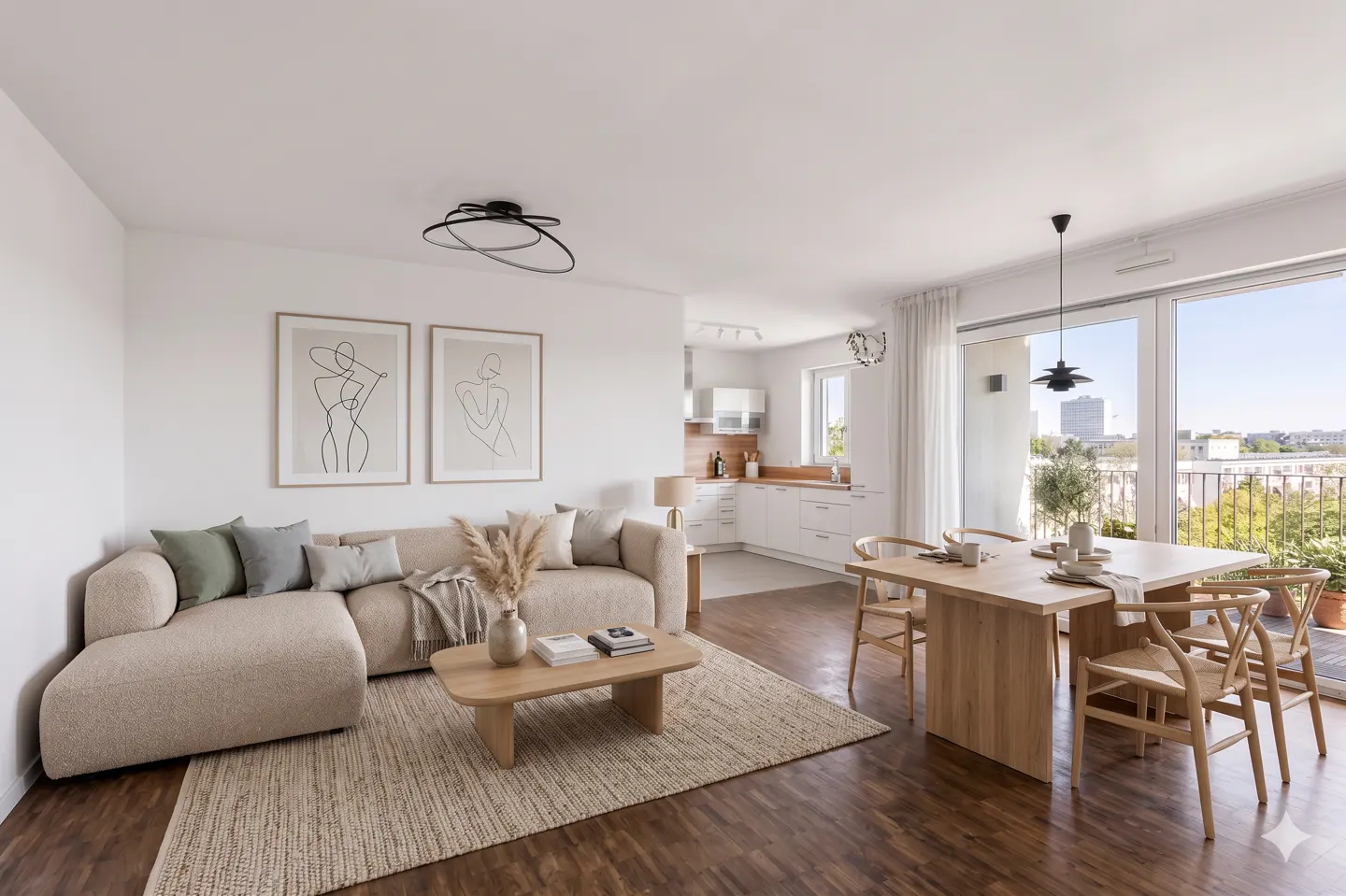 Bright, modern apartment interior with a beige sofa, wooden table and chairs, and a view of the city from the balcony.
