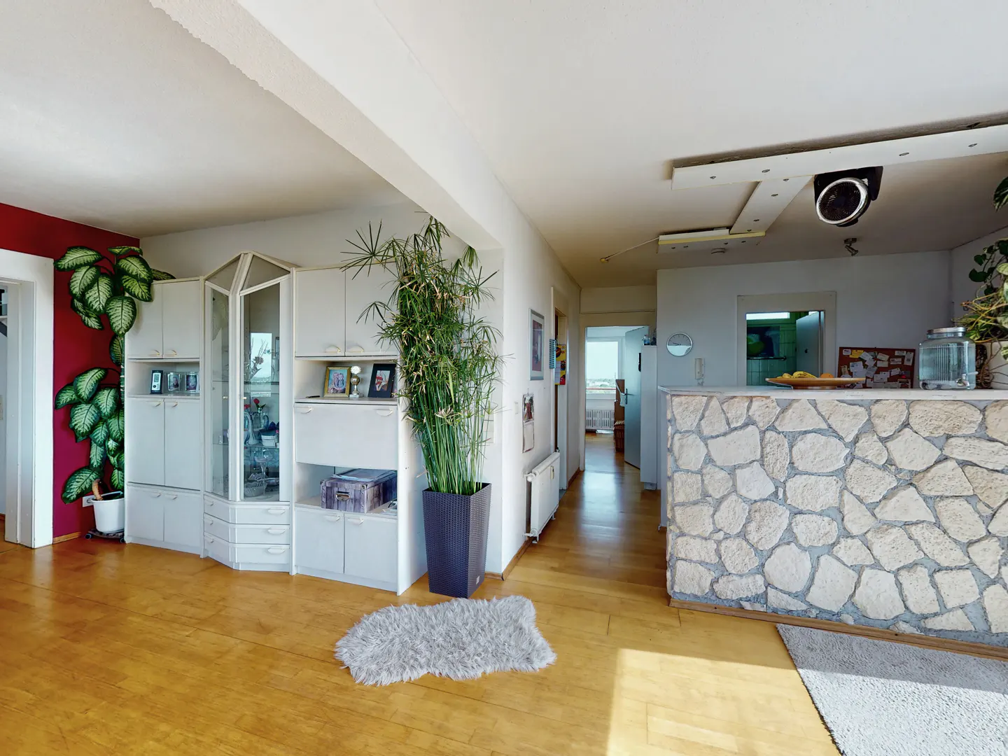 Living room with hardwood floors, white storage cabinets, a tall potted plant, and a stone-faced bar counter.
