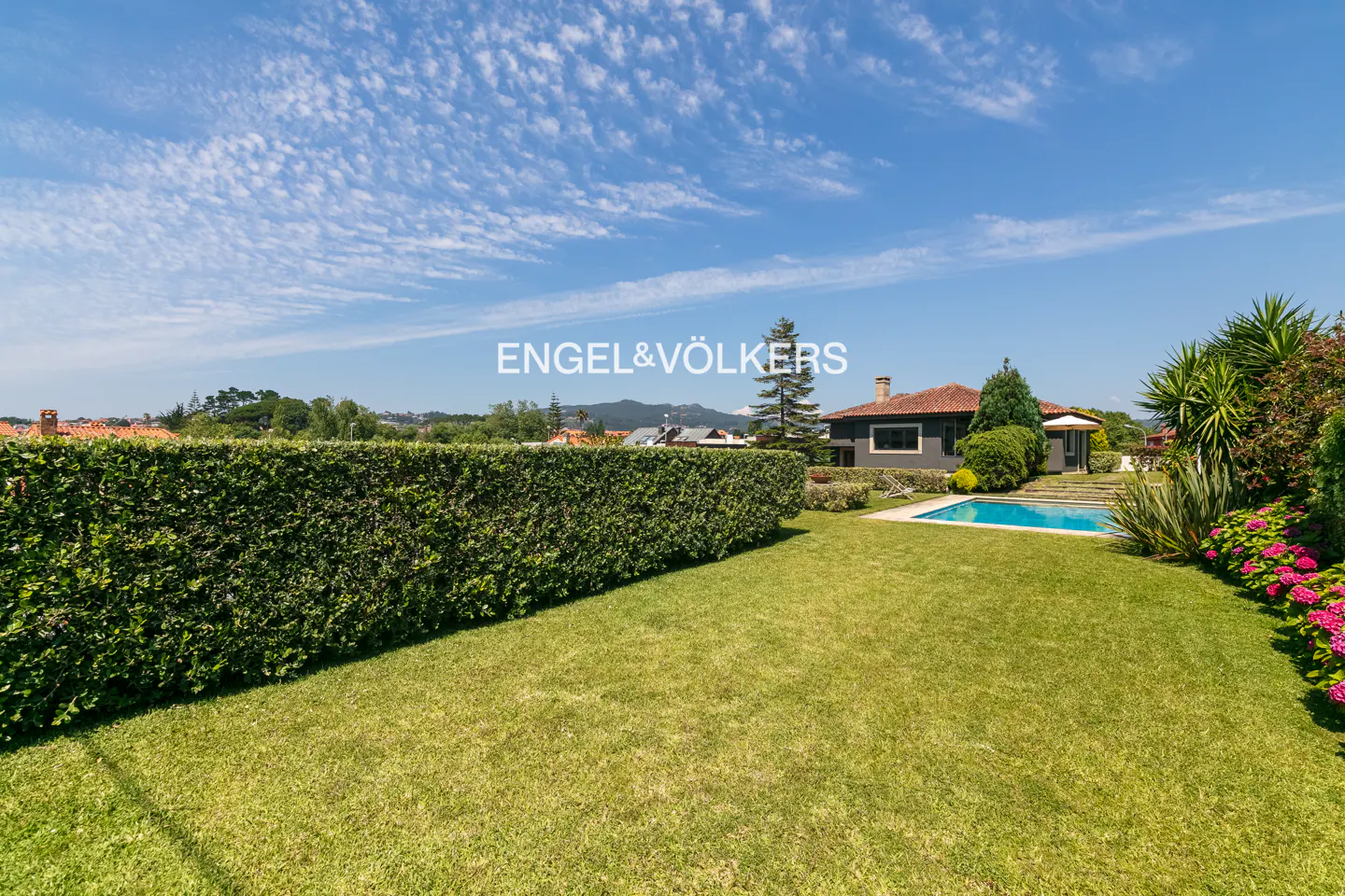 A house with a pool and a green lawn under a blue sky with white clouds.