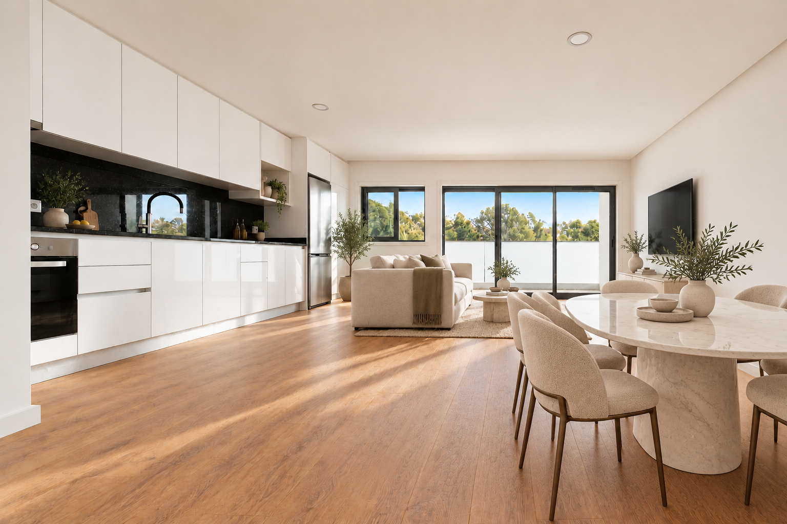 Modern open-plan apartment with white kitchen, beige sofa, marble dining table, and large glass doors leading to a balcony. [AI-generated text] [AI-modified]