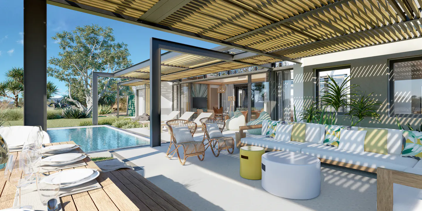 Outdoor patio with a pool, dining table set with plates and glasses, white sofa, and rattan chairs under a pergola.