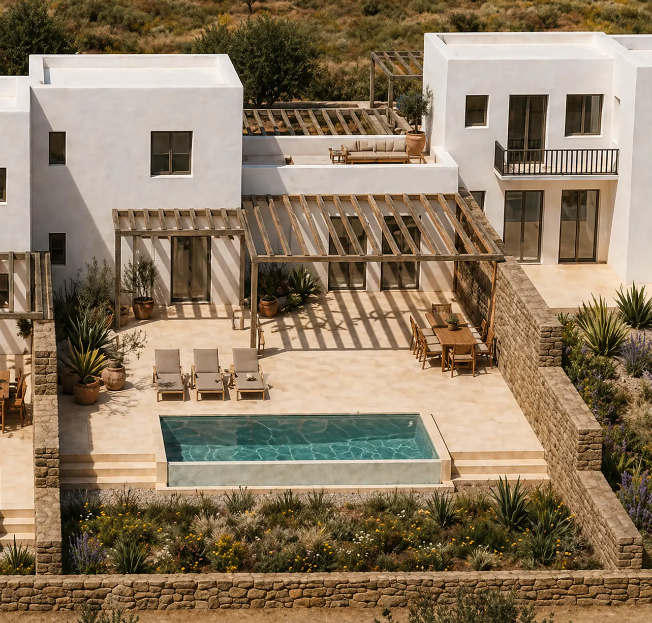 Aerial view of a modern white villa with a pool, patio furniture, and a wooden pergola. The villa is surrounded by lush greenery and a stone wall.
