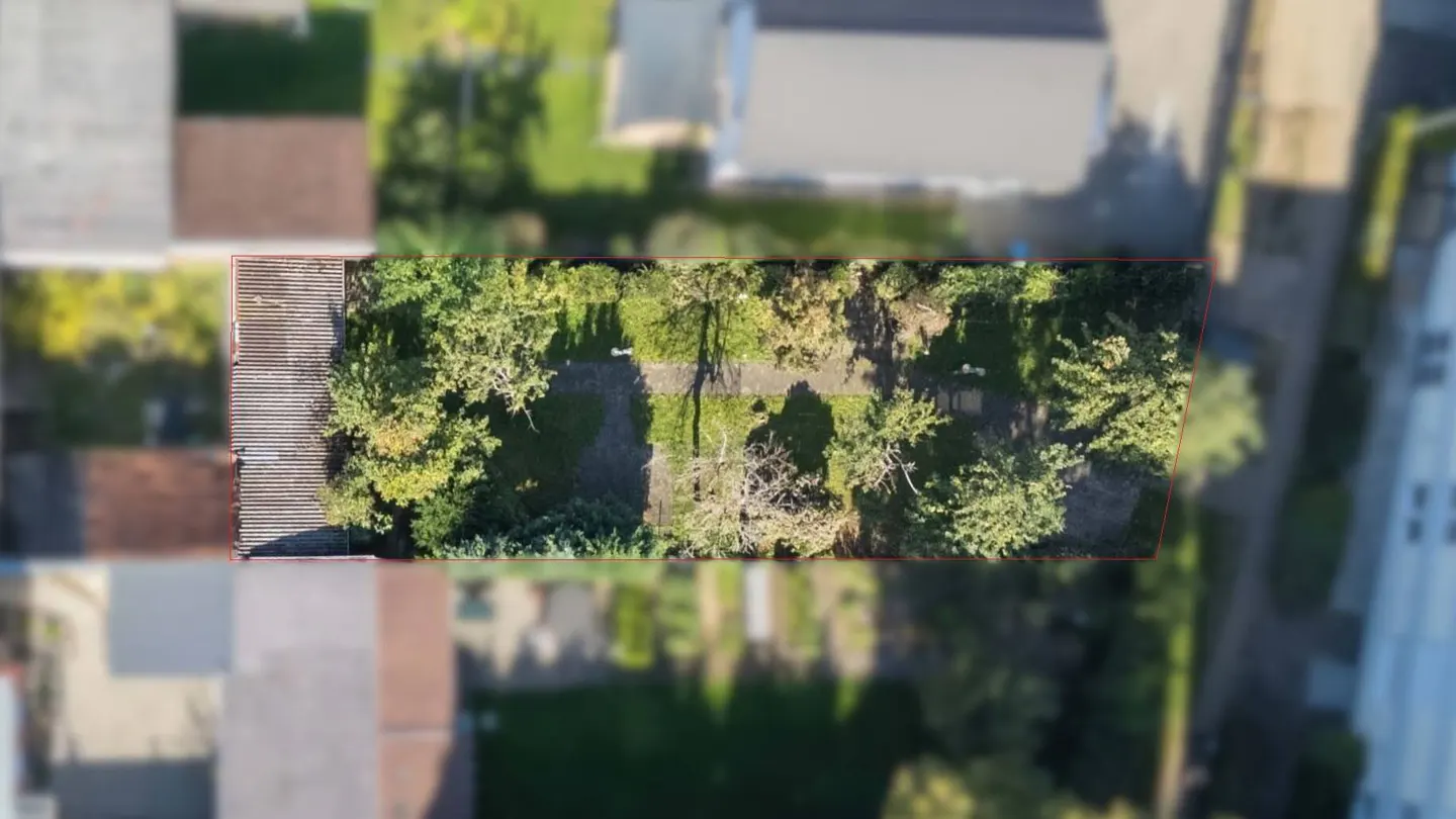 Aerial view of a property's backyard, bordered in red, featuring trees, grass, and a stone path. Neighboring houses are blurred in the background.
