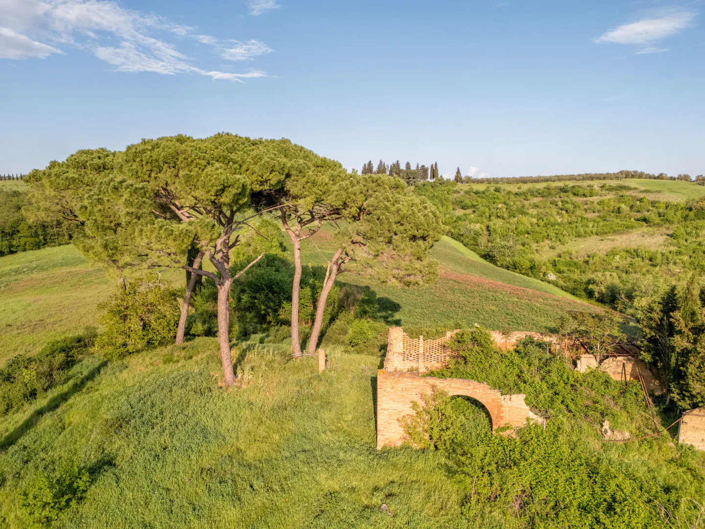 Scenic view of a Tuscan landscape with green hills, trees, and a crumbling brick structure. Blue sky with light clouds above.
