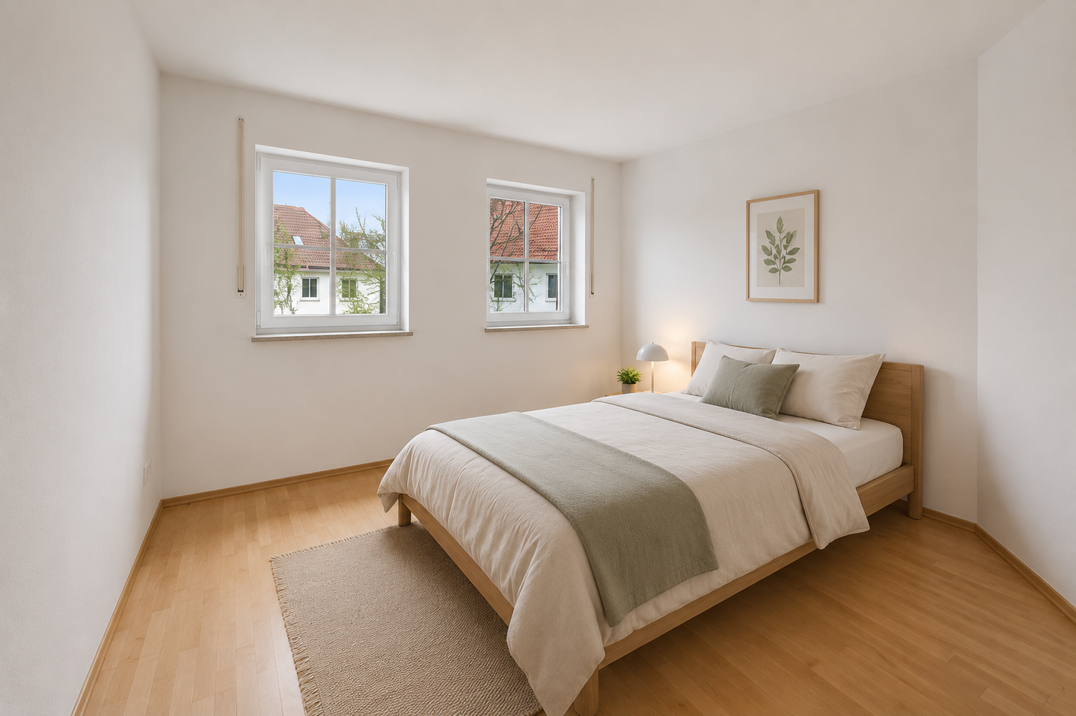 Bright bedroom with light wood floors, a double bed with neutral bedding, two windows, and framed botanical wall art.
