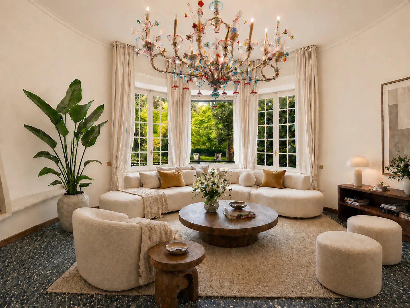 Bright living room with a large bay window, cream sofa, round coffee table, and colorful chandelier. Green trees are visible through the window.