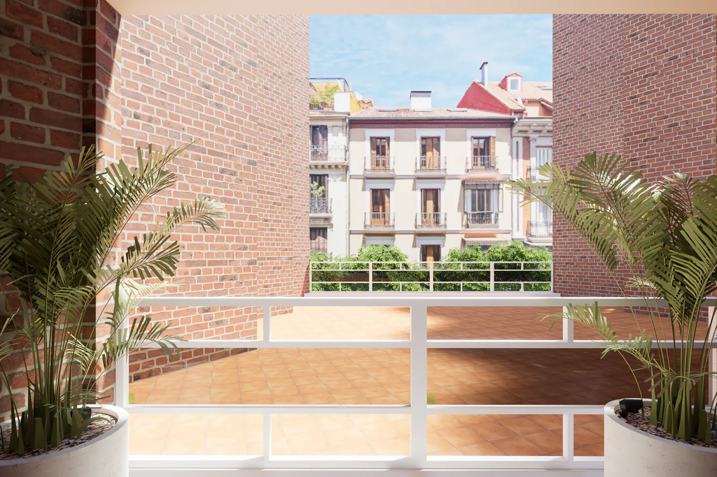 View from a balcony with potted plants, white railings, and terracotta tiles, overlooking a city street with brick walls.