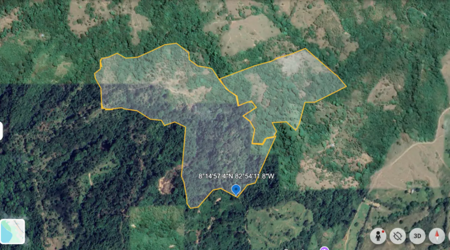 Aerial view of a property outlined in yellow, surrounded by lush green forest. A blue pin marks the location with coordinates.