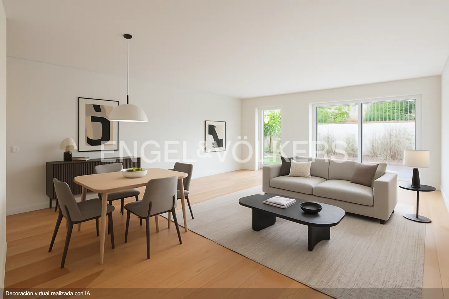 Bright, modern living and dining area with wood floors, a beige sofa, and a light wood dining table with gray chairs. Large windows let in natural light.