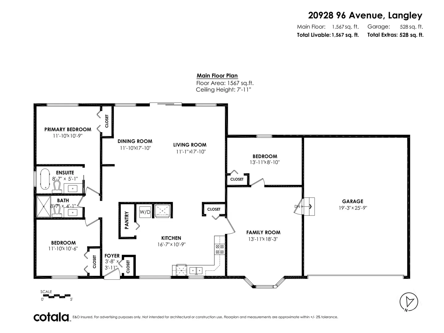 Floor plan for 20928 96 Avenue, Langley, showing a main floor with three bedrooms, kitchen, living area, and a garage.