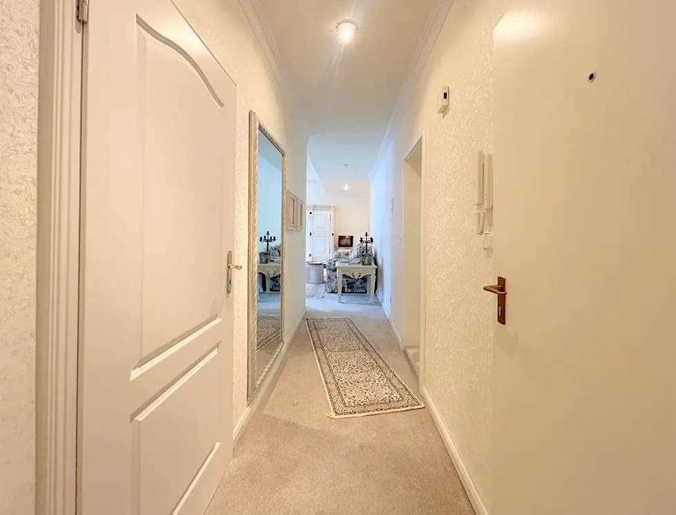 Hallway with white walls, doors, and trim. A mirror reflects a living room. A patterned rug runs down the center of the hallway.