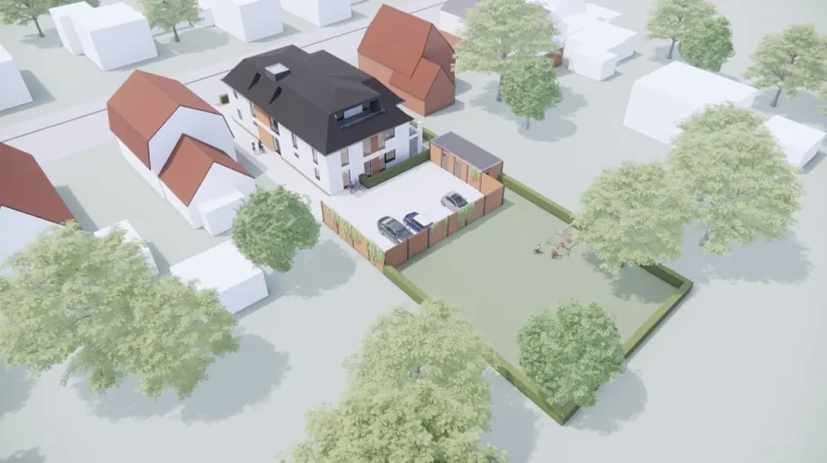 Aerial view of a white, multi-story house with a black roof, surrounded by a brown fence, cars, and a green lawn with trees.