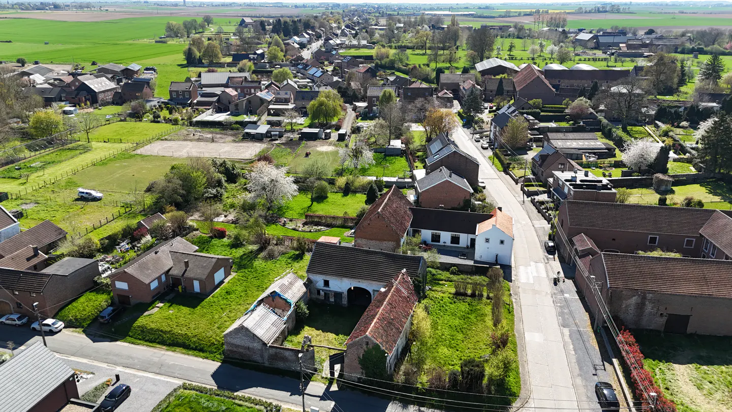 Aerial view of a rural village with brick houses, green fields, and a road running through the center.