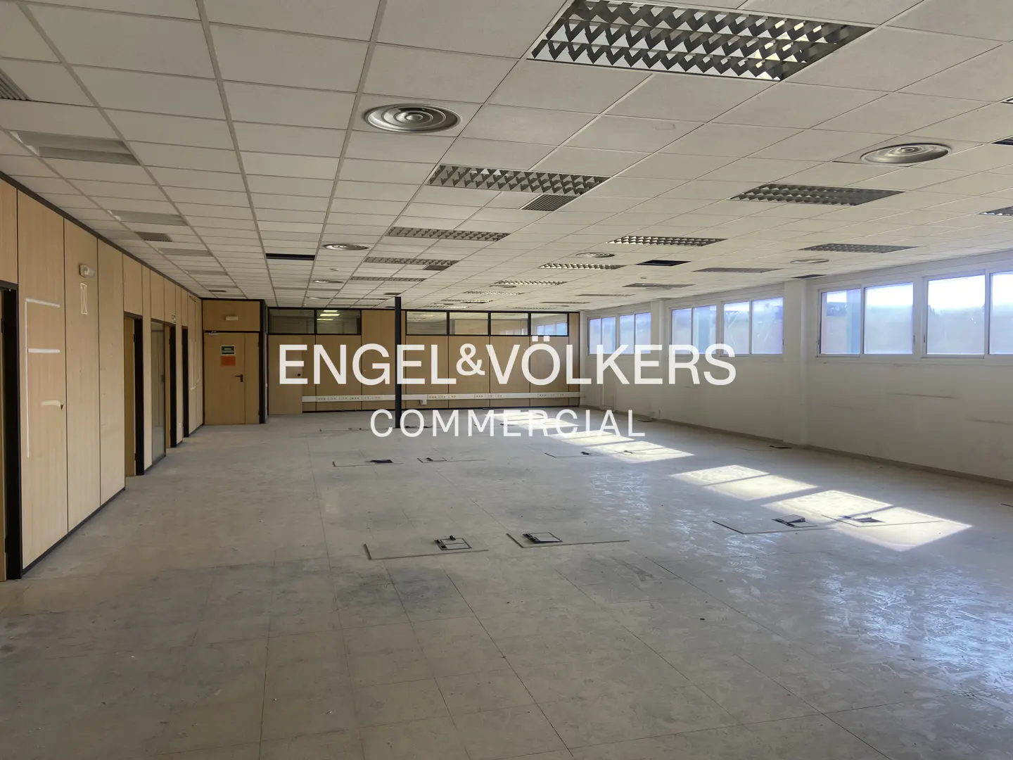 Empty commercial space with tile floors, drop ceiling, and windows along the far wall. Doors line the left wall.
