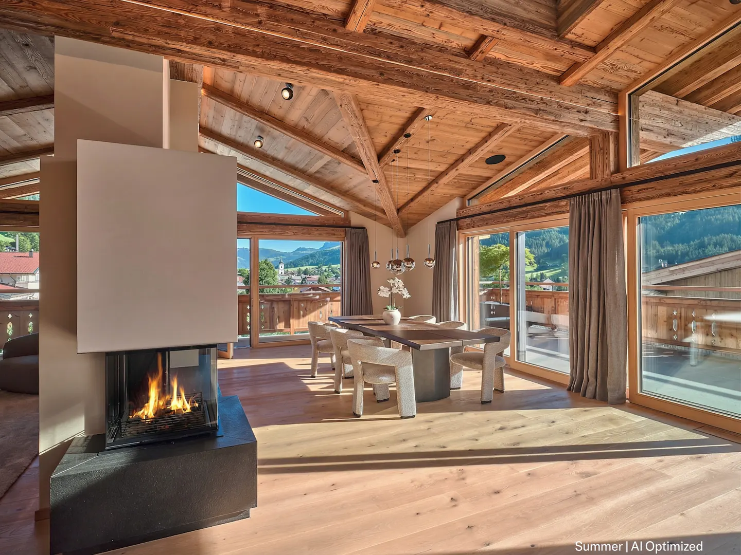 Living room with wood floors, beamed ceiling, fireplace, and large windows with mountain views. A dining table and chairs are in the center of the room.
