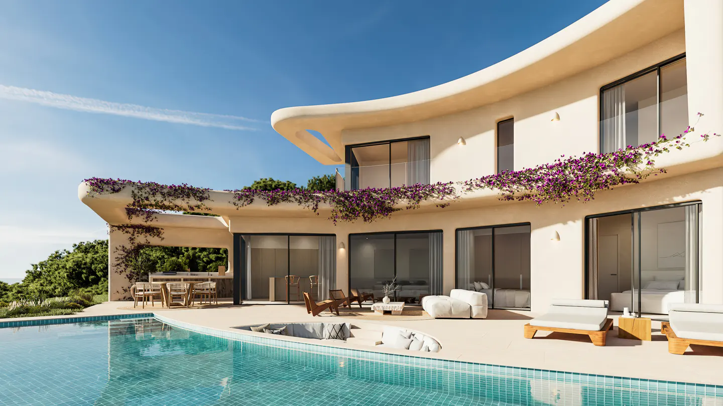 Modern beige villa with a curved facade, purple bougainvillea, pool, and outdoor lounge area under a clear blue sky.