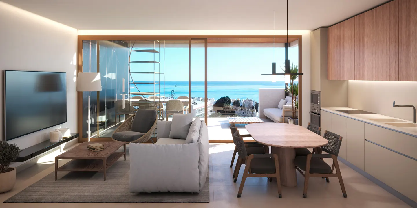 Bright, modern apartment interior with a living room, dining area, and kitchen. Large windows offer ocean views. Neutral color palette.